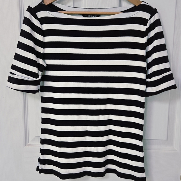 Ralph Lauren Boat neck Black and White Striped Cotton Top - Picture 2 of 9
